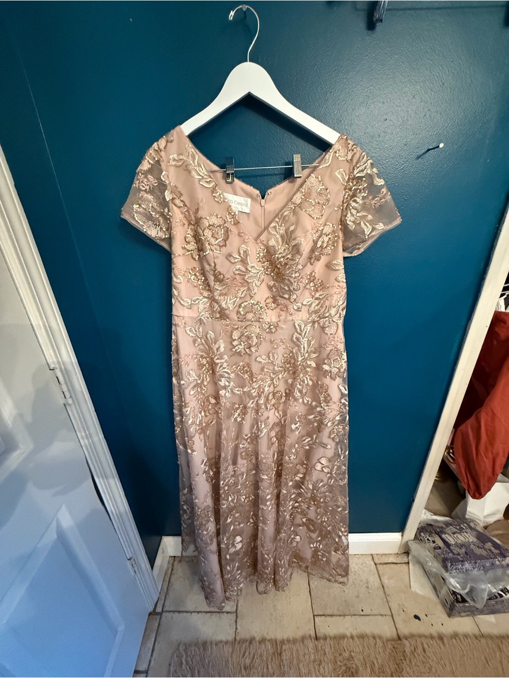 Oleg Cassini Blush Pink and Gold Embroidered Maxi Dress